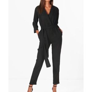Boohoo Tall Holly Collar Wrap Jumpsuit-Black 10